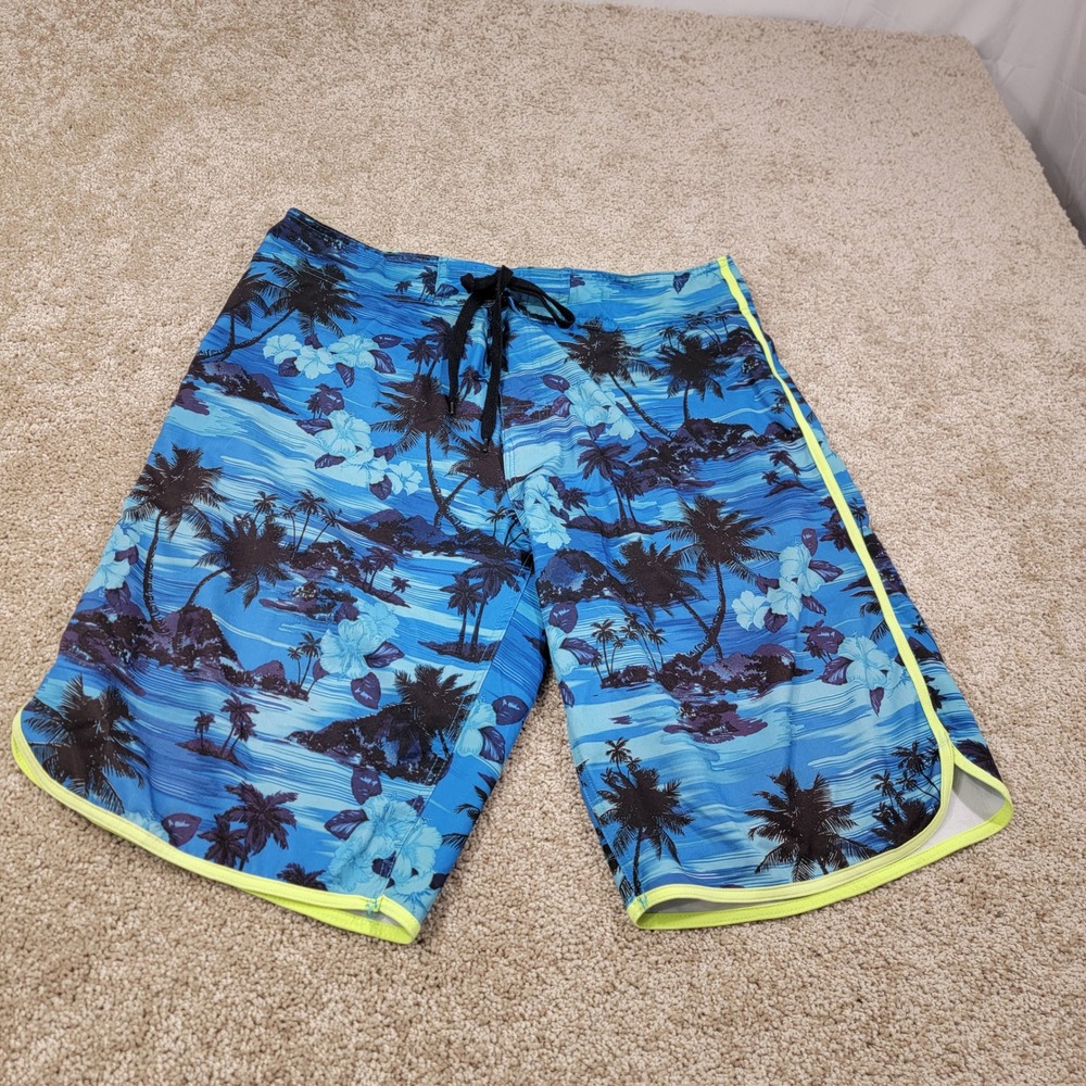 Burnside Mens 34‎ Apparel Swim Trunks Tropical Palm Tree Print Drawstring Shorts